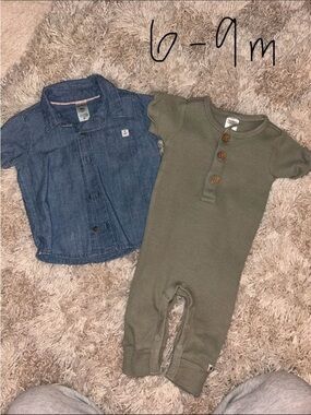 Baby Boy Olive Waffle Knit Romper + Denim Button-Up Shirt 6-9 MONTH